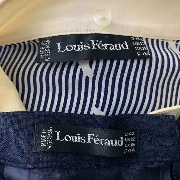 Vintage 80s Louis Feraud Top Skirt Set 12 Navy Blue Linen Silk Stripe - Picture 9 of 9